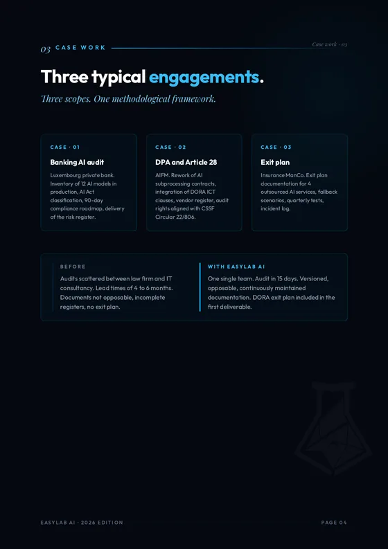 Page 4 of the brochure: three typical engagements