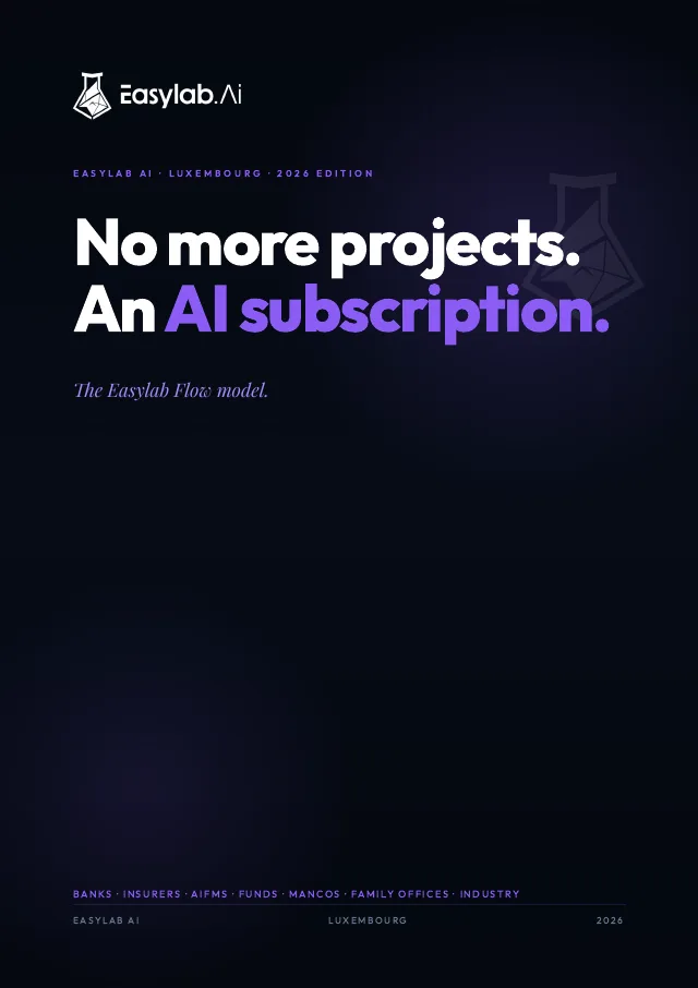 Titelseite der Easylab-Flow-Broschüre (englisch): „No more projects. An AI subscription.“