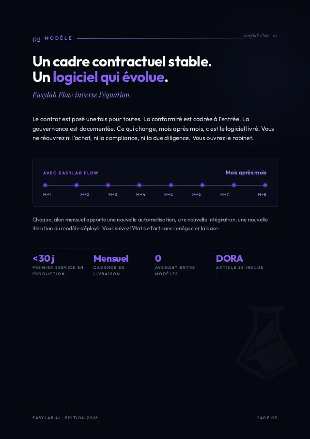 Page 3 de la note&nbsp;: un cadre contractuel stable, un logiciel qui évolue mois après mois.