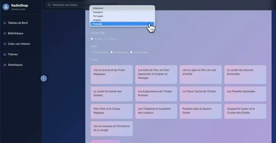 BabiLux: choosing the language and story themes in the generator