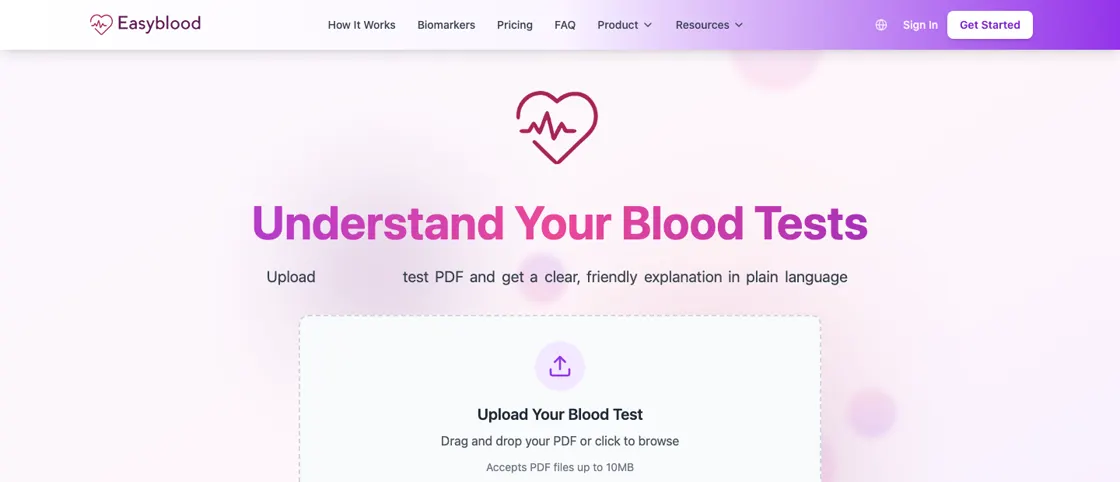EasyBlood home page: uploading a blood test PDF